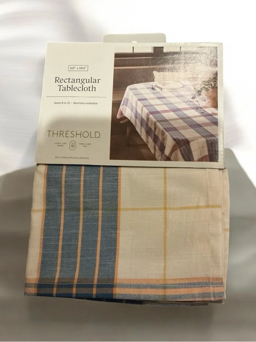 Threshold Rectangular Tablecloth in Cream & Blue Plaid